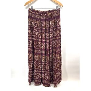 Liz Baker Floral Maxi Skirt Burgundy Boho SZ M Prairie Elastic Waist Gypsy T1030